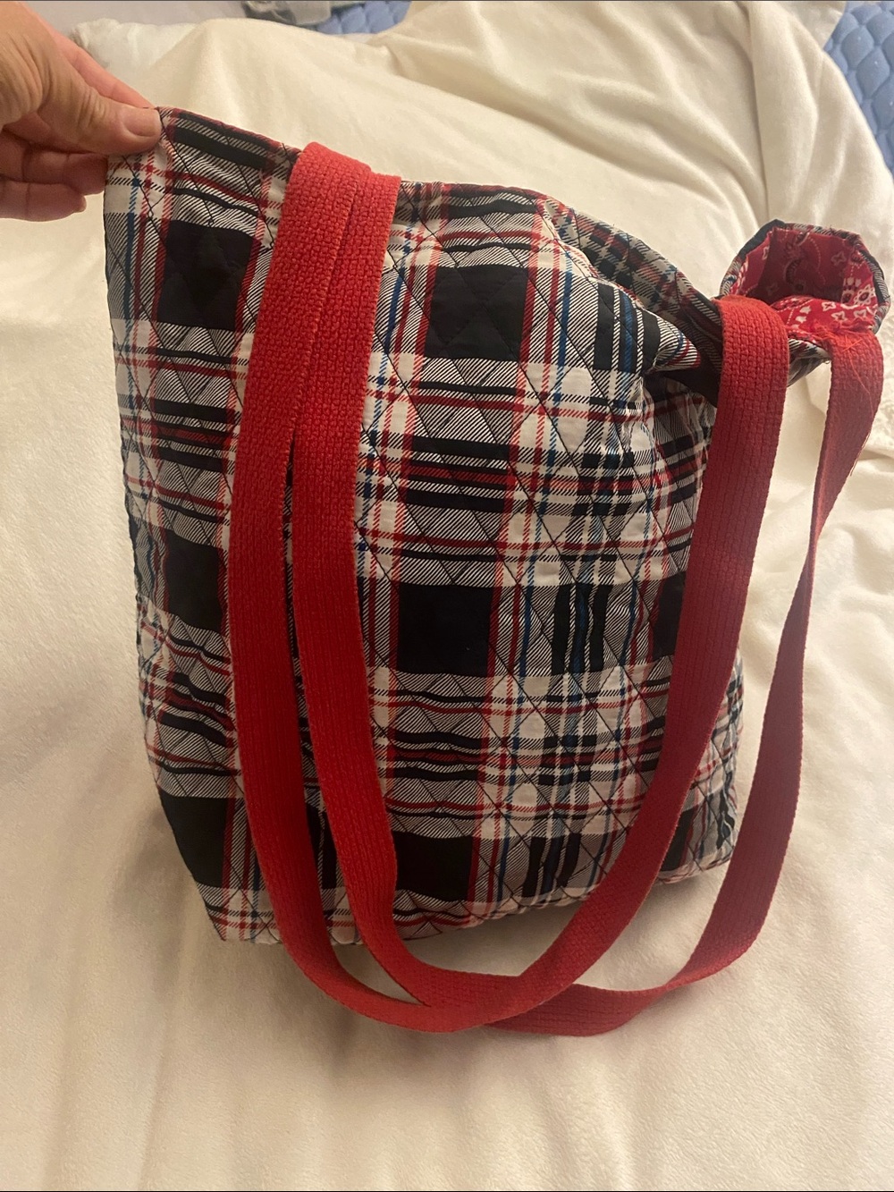 Plaid Canvas Tote with Red Shoulder Straps